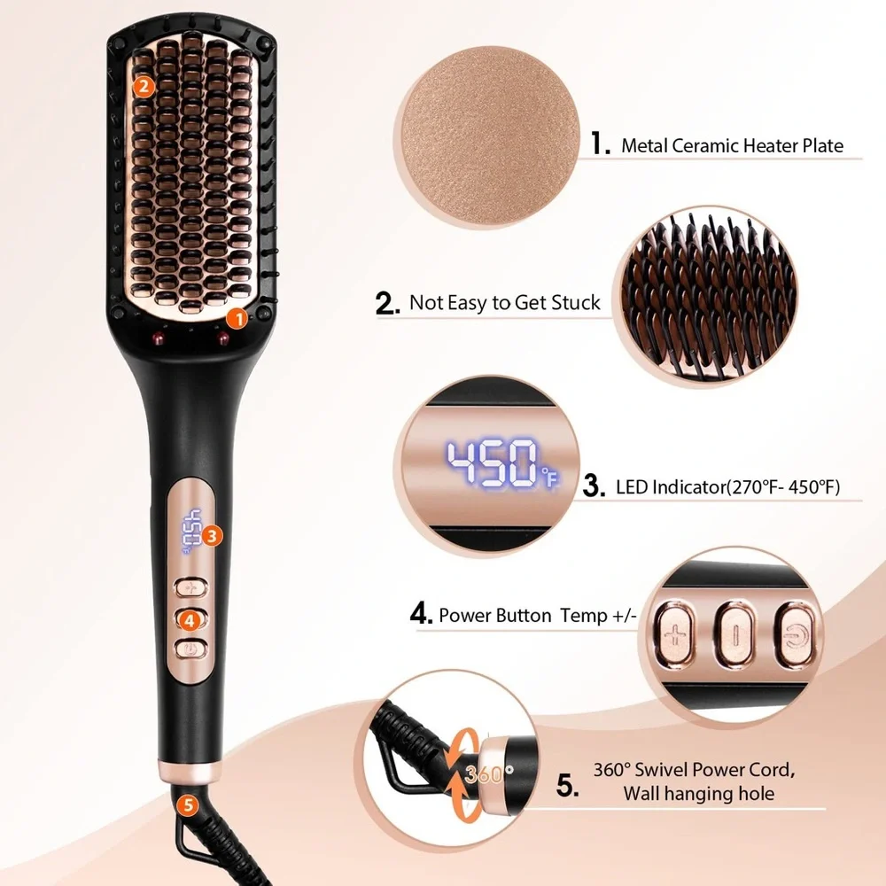 Hair Straightener Brush Ionic Fast Heating Hair Brush for Thick Hair Black Hair